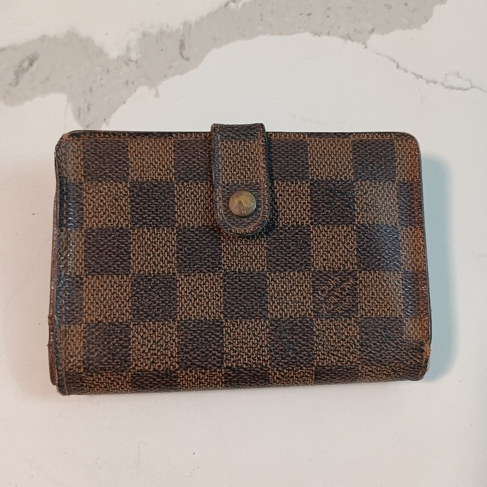 Louis Vuitton Damier Ebene French Kisslock Compact Wallet Brown Tan Checkboard